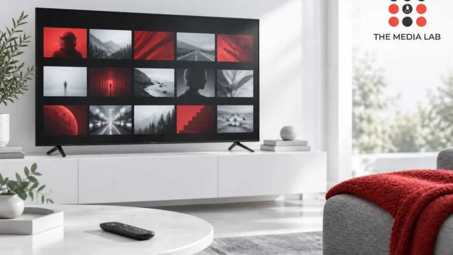 Television with a fictional content grid illustrating The Media Lab’s guide to streaming customer-experience lessons.
