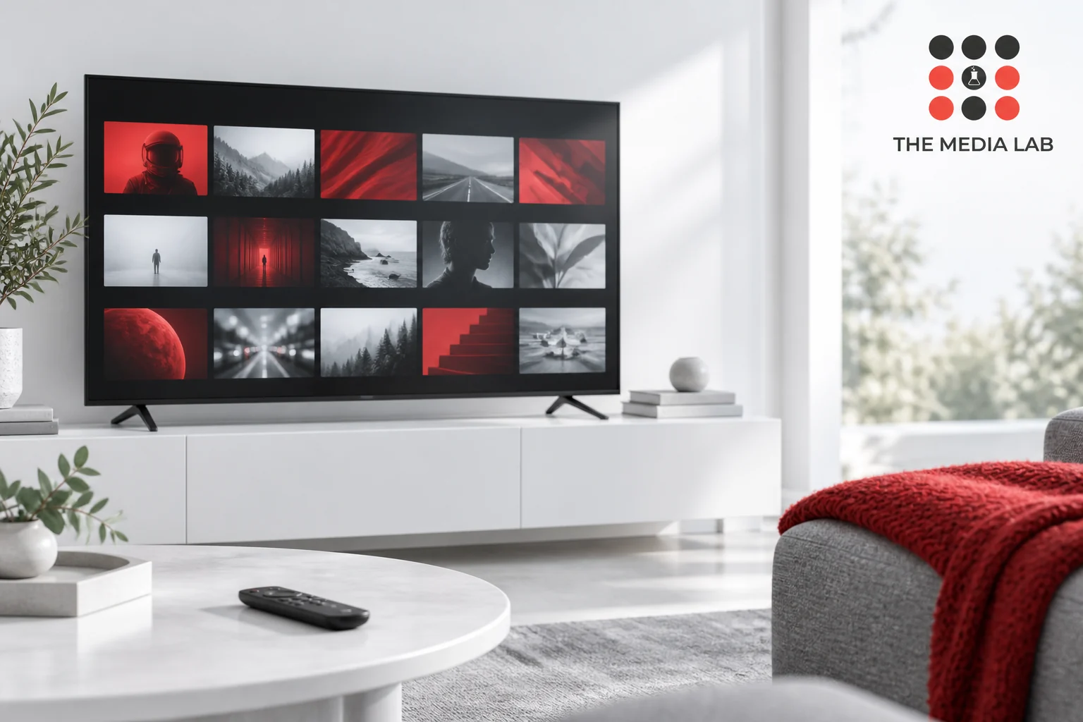 Television with a fictional content grid illustrating The Media Lab’s guide to streaming customer-experience lessons.