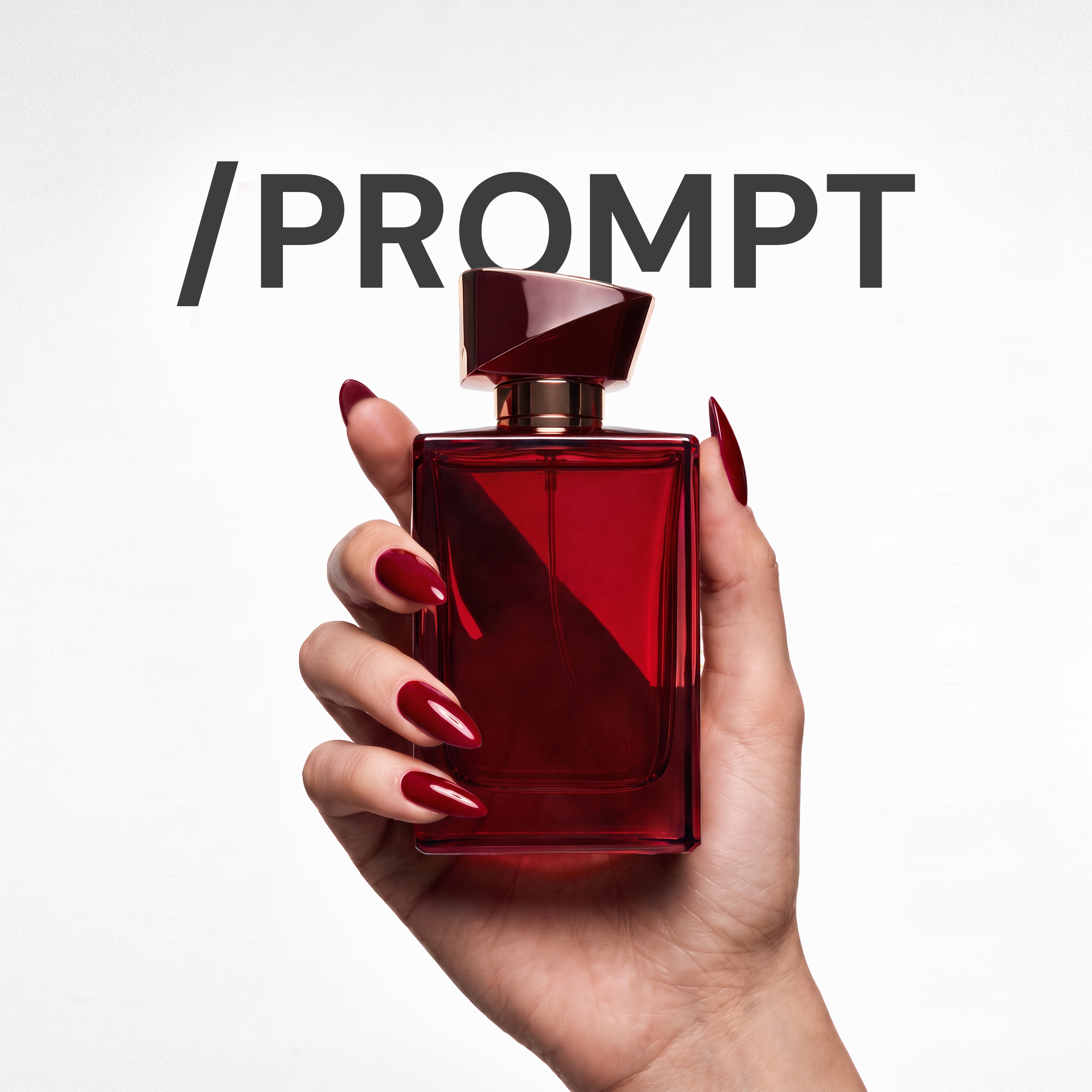 Red perfume bottle beneath a prompt headline, illustrating AI content production and product imagery at The Media Lab.