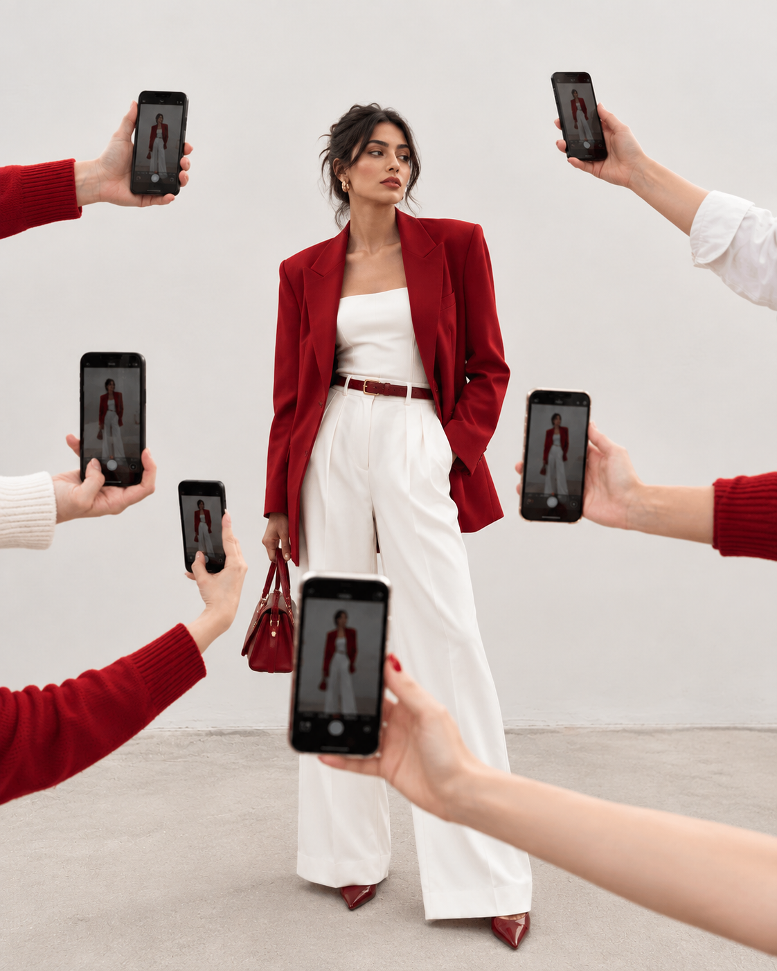 Fashion creator surrounded by smartphones, illustrating influencer marketing services at The Media Lab.