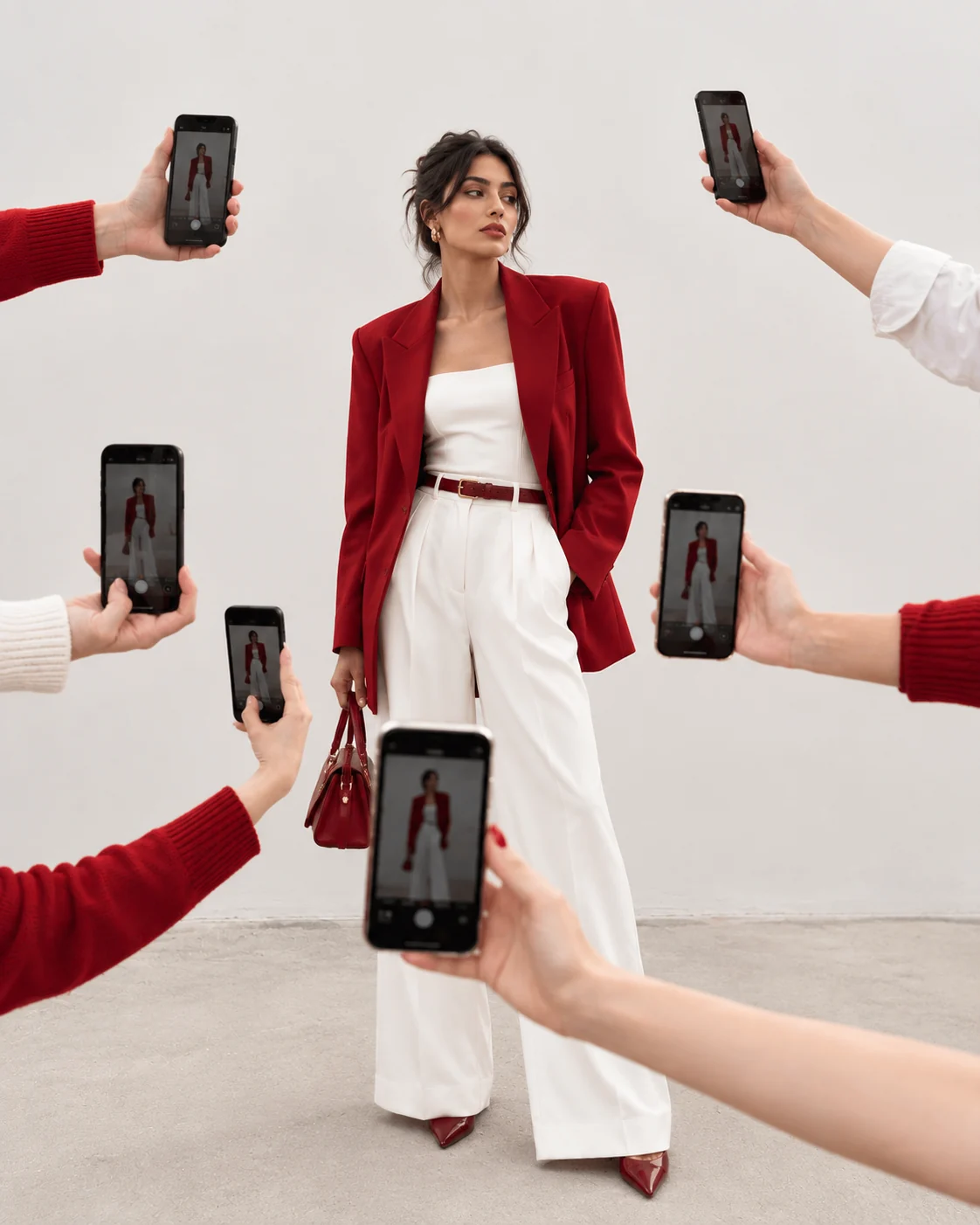 Fashion creator surrounded by smartphones, illustrating influencer marketing services at The Media Lab.