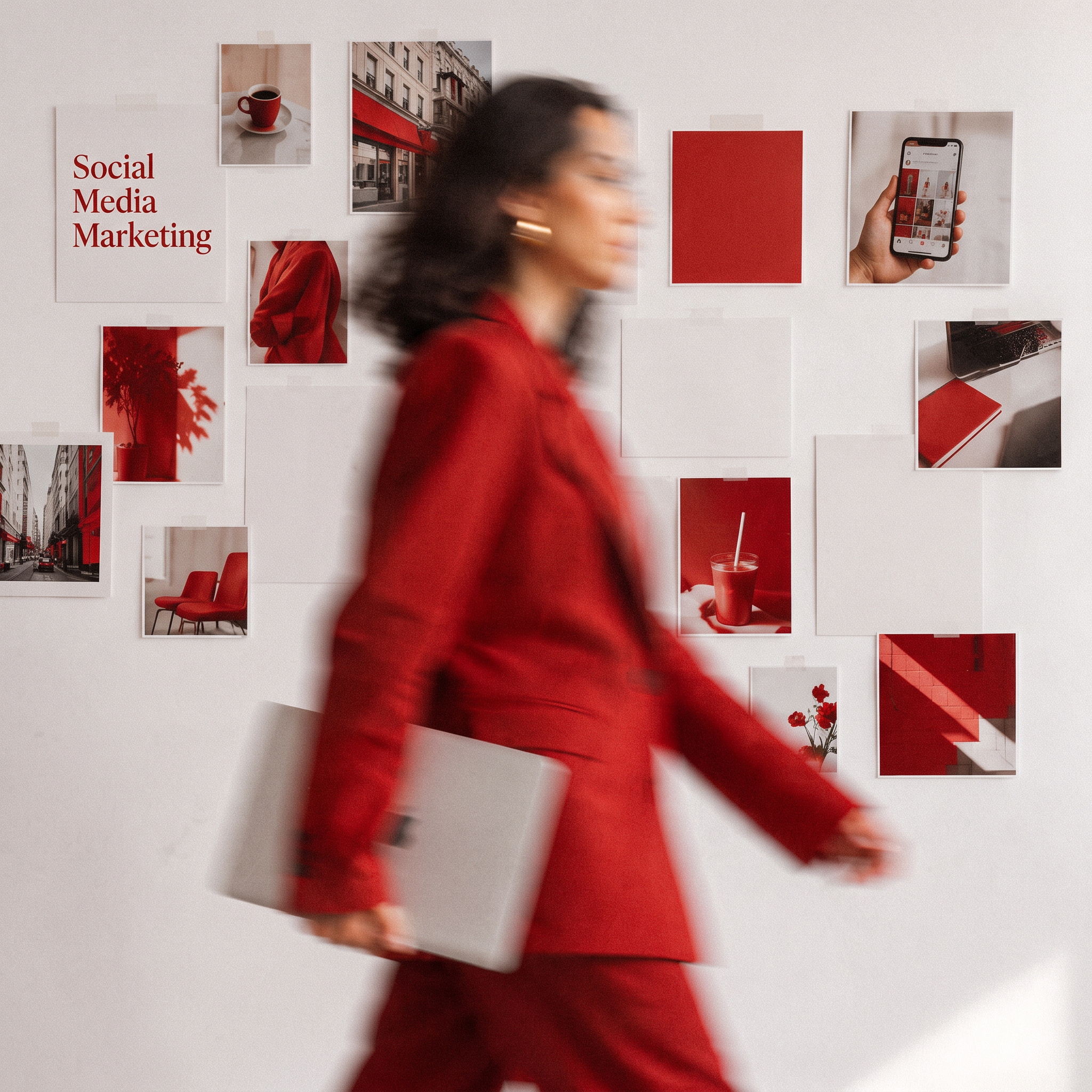 Red and white content mood board illustrating social media marketing and content strategy at The Media Lab.