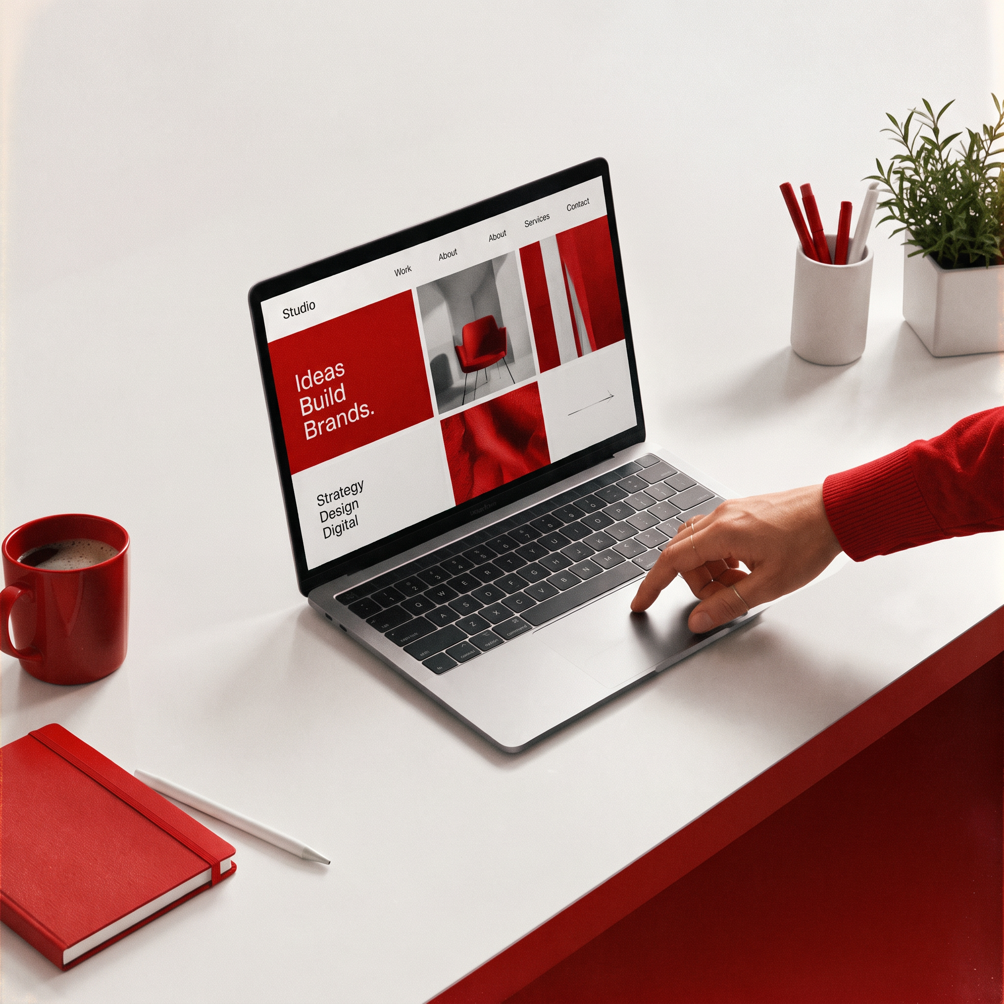 Laptop displaying a red and white website concept, illustrating website design and development at The Media Lab.