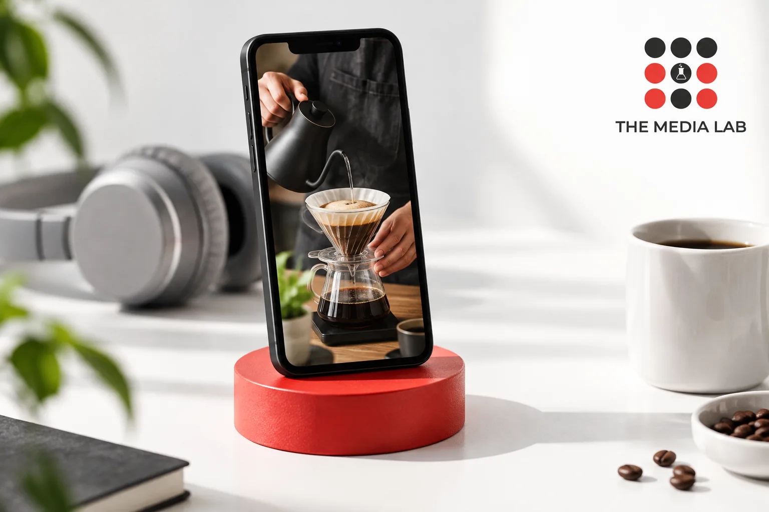 Smartphone displaying a coffee-making video, illustrating short-form content planning for The Media Lab.