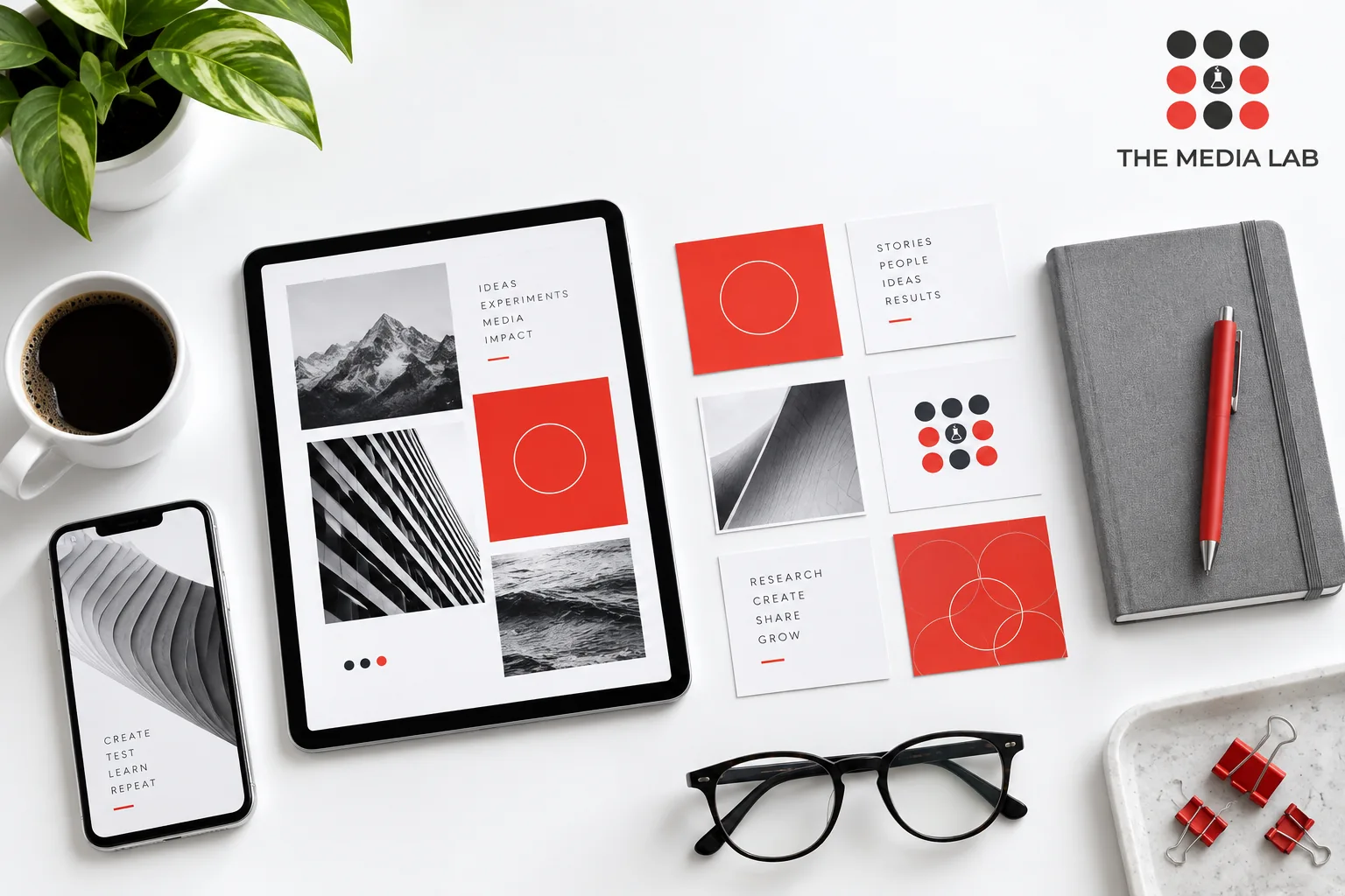 Tablet and organised project cards on a white desk with red accents — editorial illustration for The Media Lab.