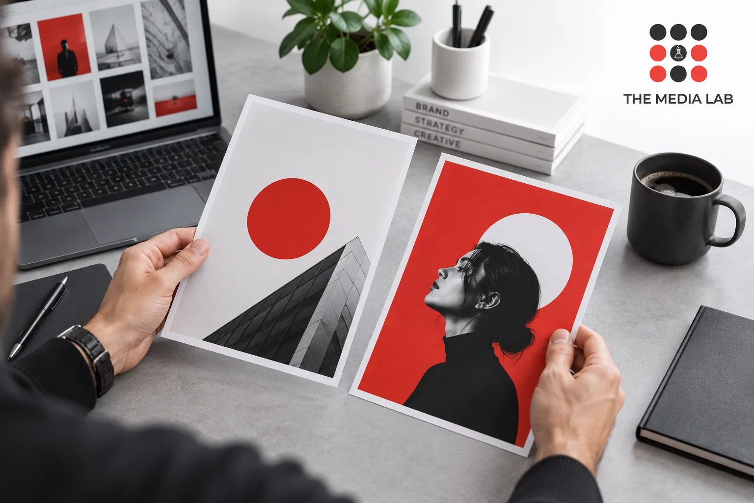 Marketer comparing two red and white campaign mockups — editorial illustration for The Media Lab.