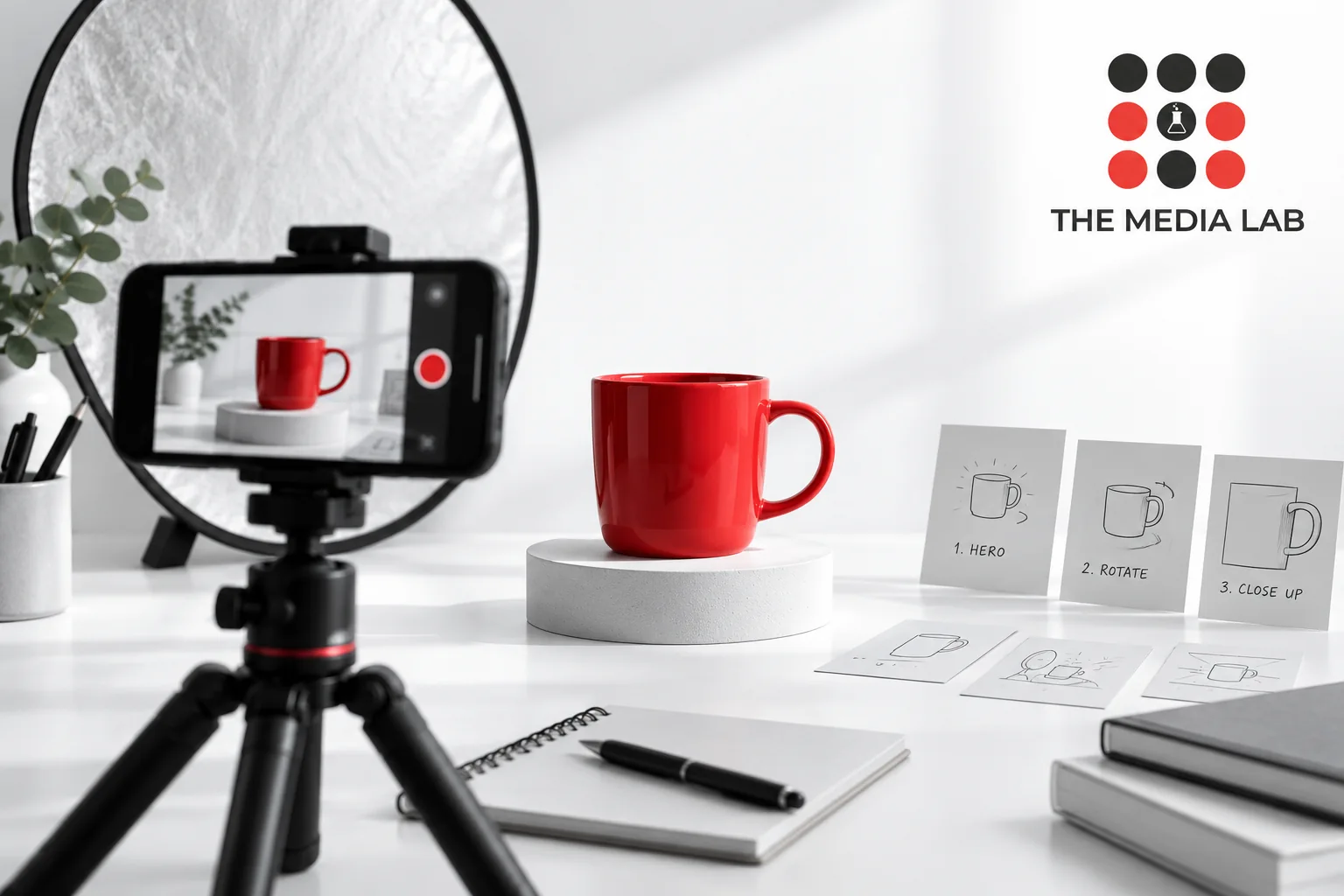 Smartphone filming a red cup with simple storyboard cards — editorial illustration for The Media Lab.