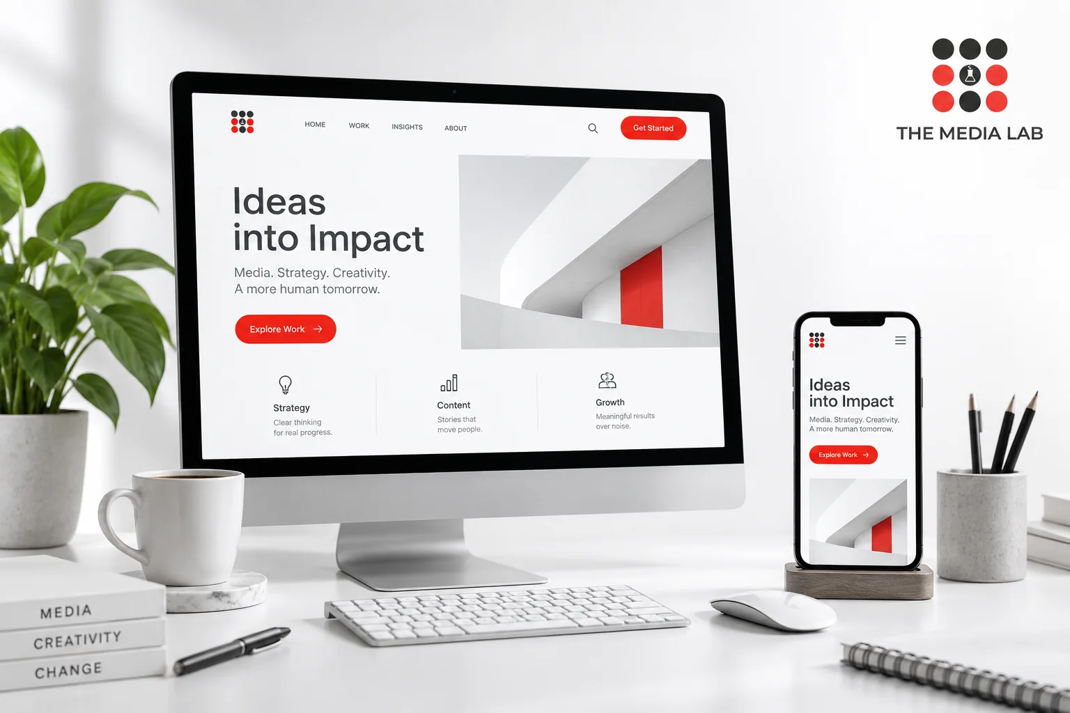 Desktop and phone showing a minimal responsive website concept — editorial illustration for The Media Lab.