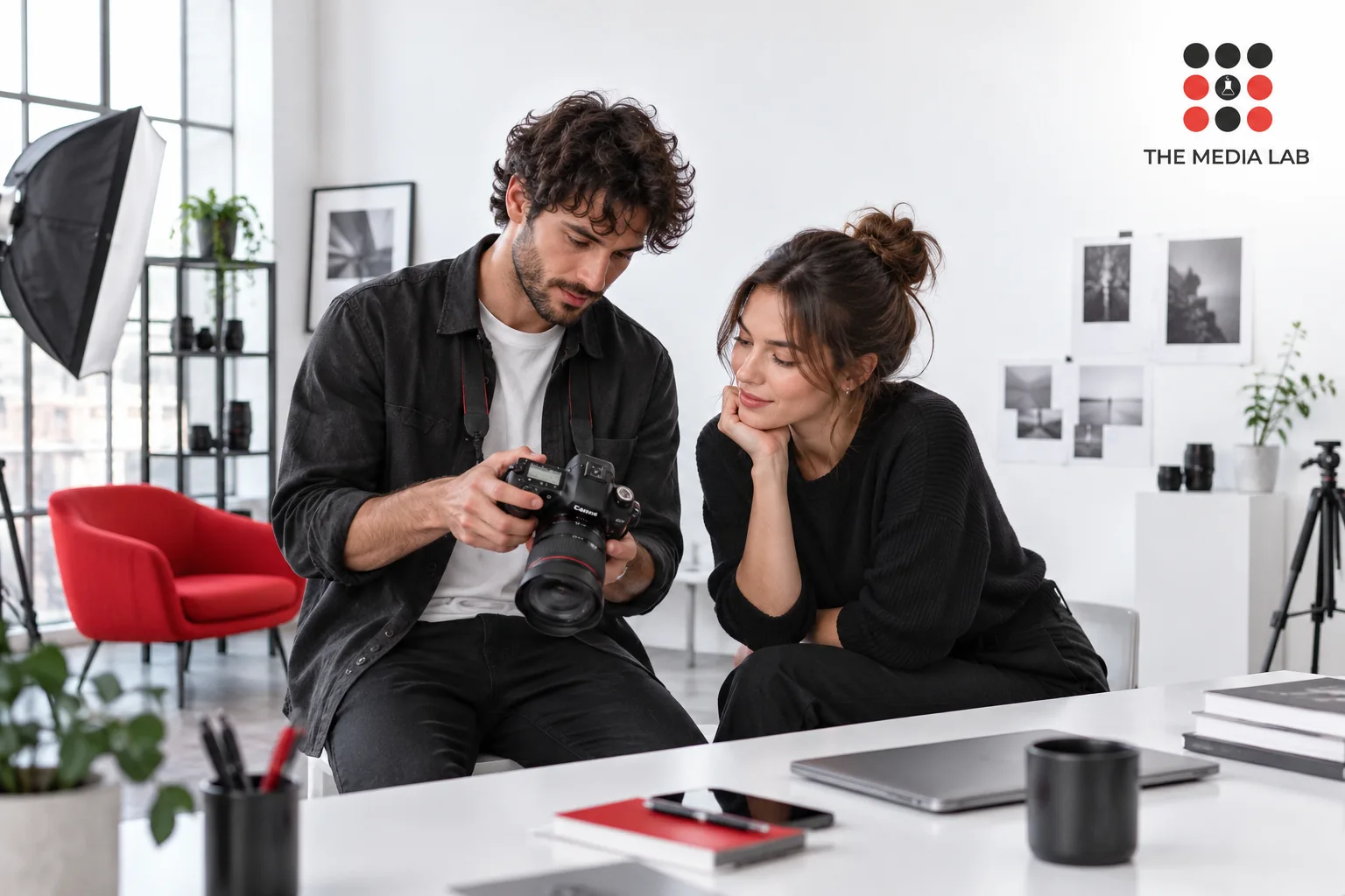 Two creators reviewing a camera in a contemporary studio — editorial illustration for The Media Lab.