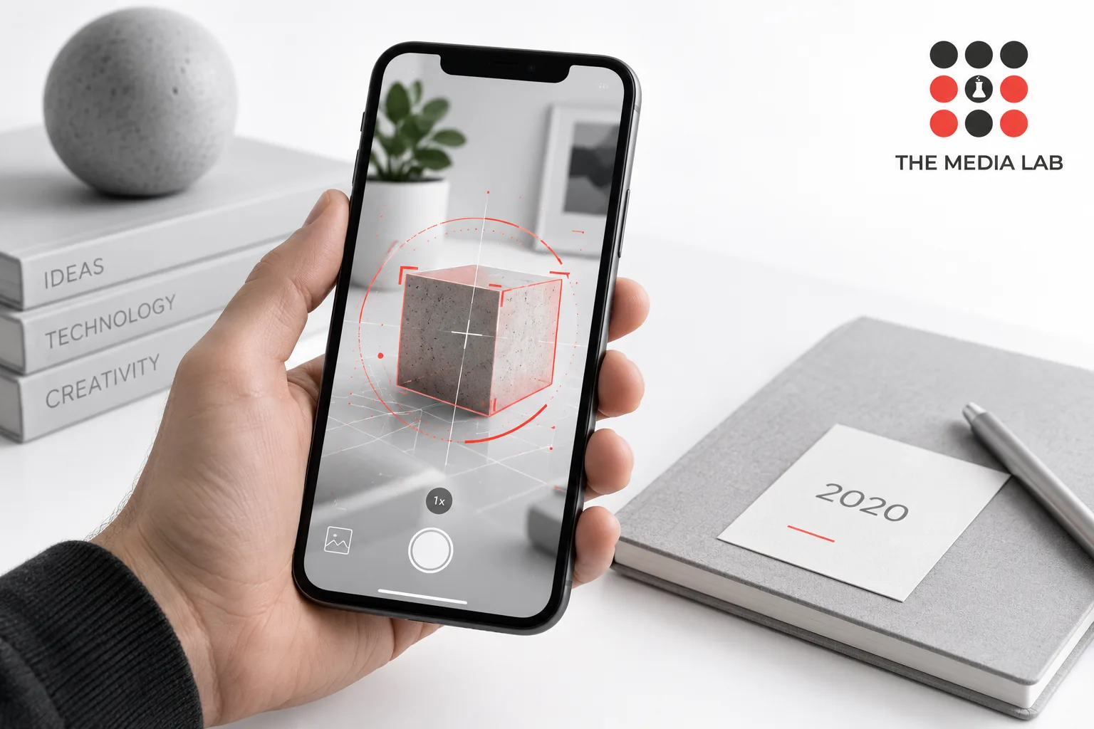 Phone showing an augmented-reality concept with a 2020 archive card — editorial illustration for The Media Lab.