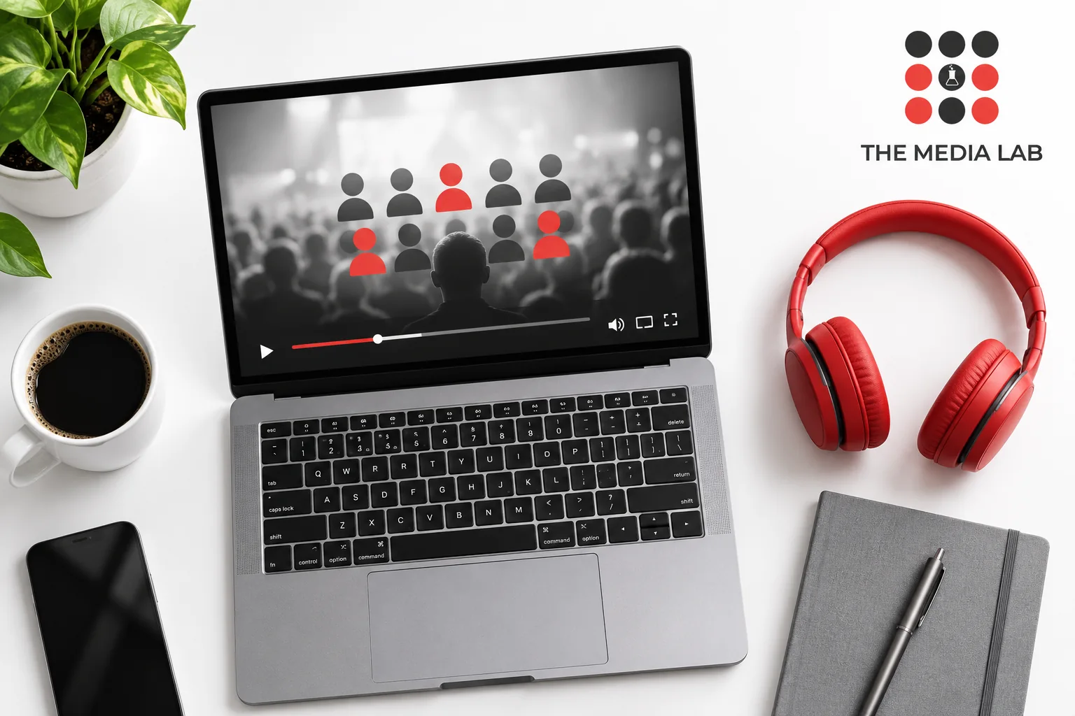 Laptop and red headphones illustrating video audience analysis — editorial illustration for The Media Lab.