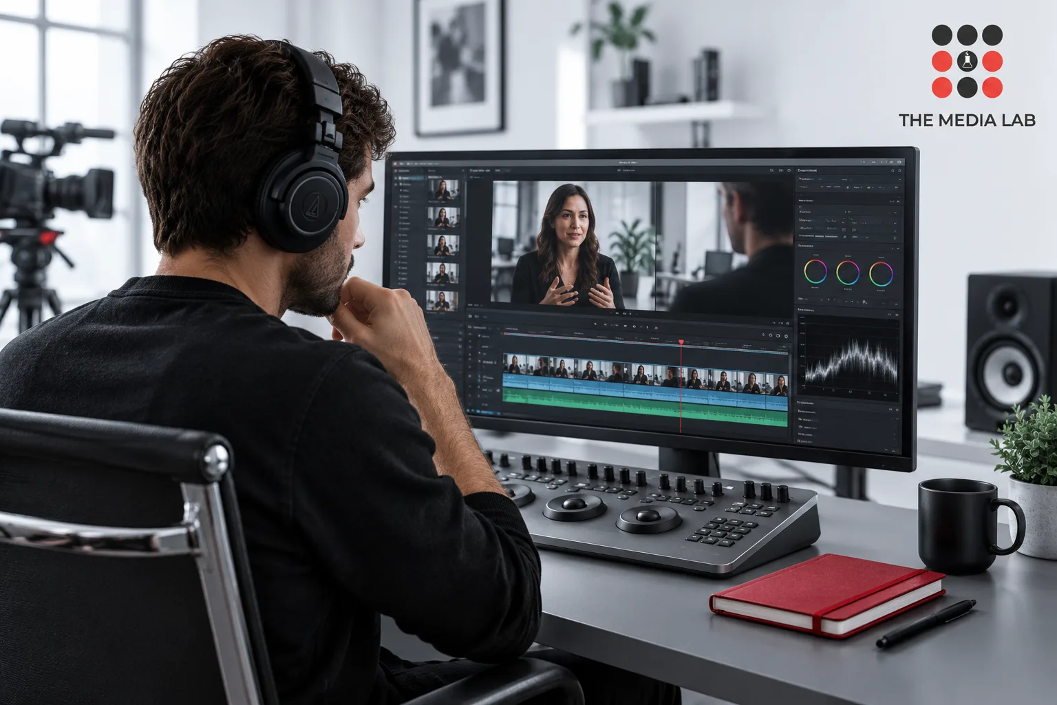 Film editor reviewing interview footage in a studio — editorial illustration for The Media Lab.