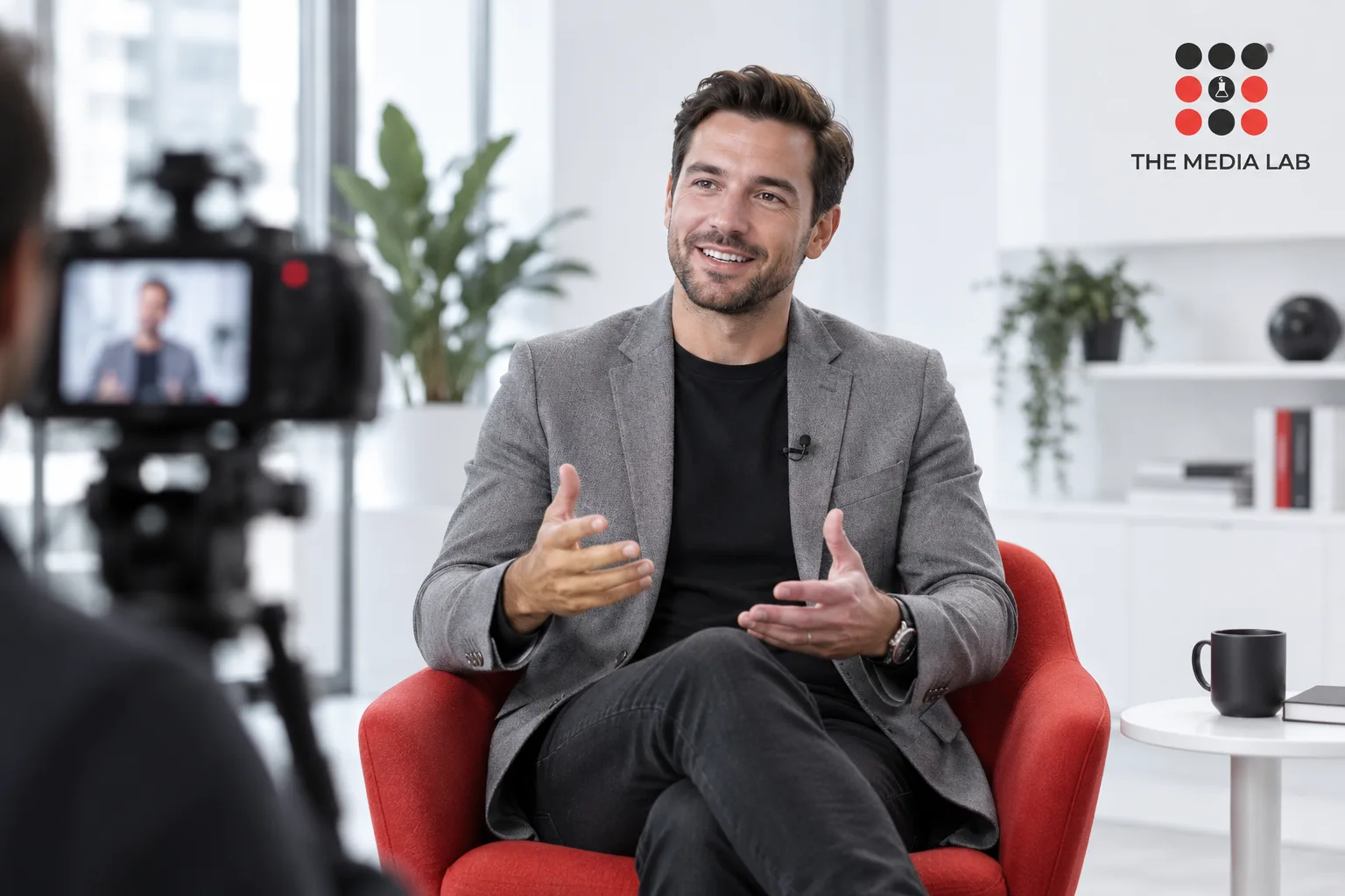 Business presenter being filmed for a corporate interview — editorial illustration for The Media Lab.