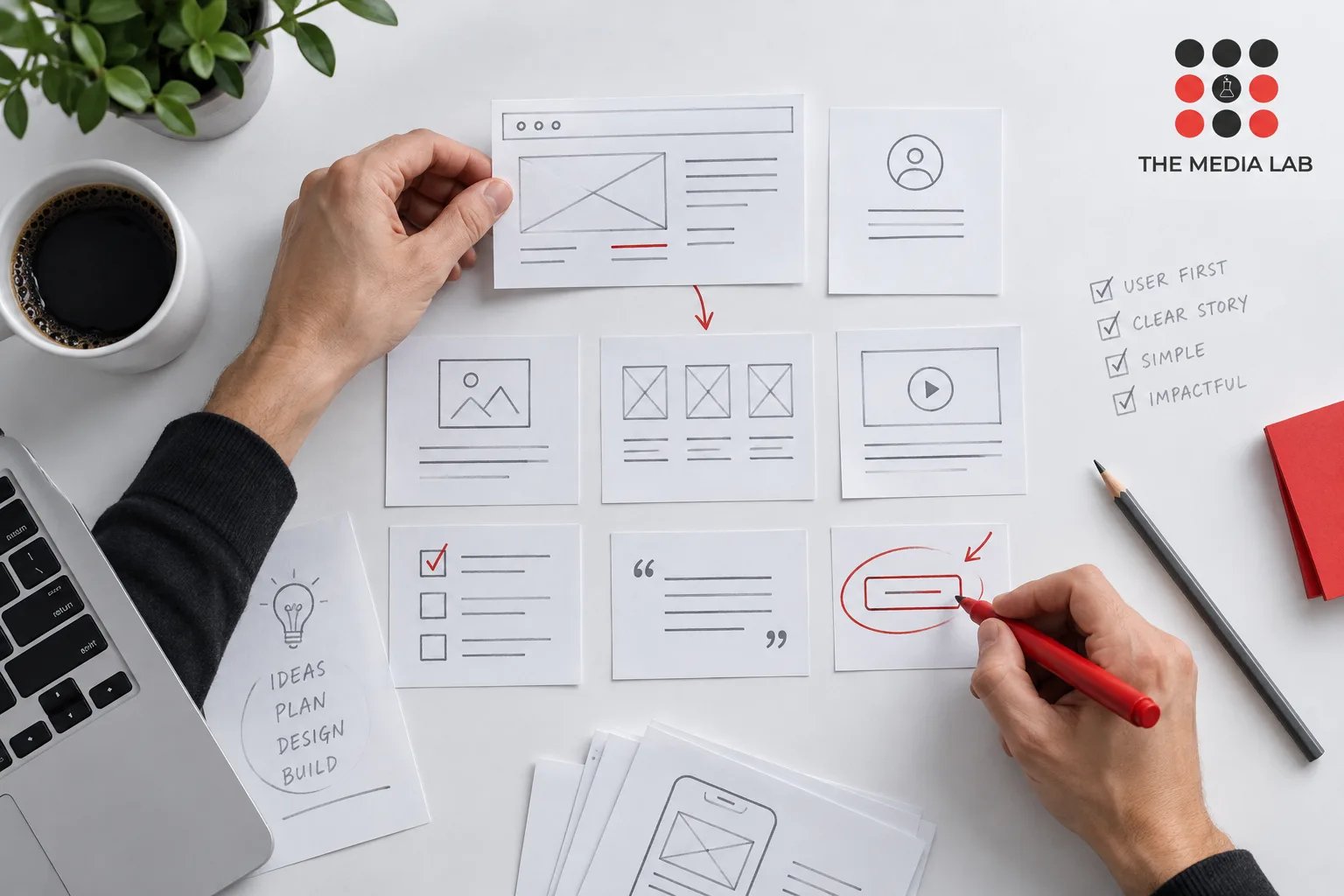 Hands arranging website wireframe cards on a white desk — editorial illustration for The Media Lab.