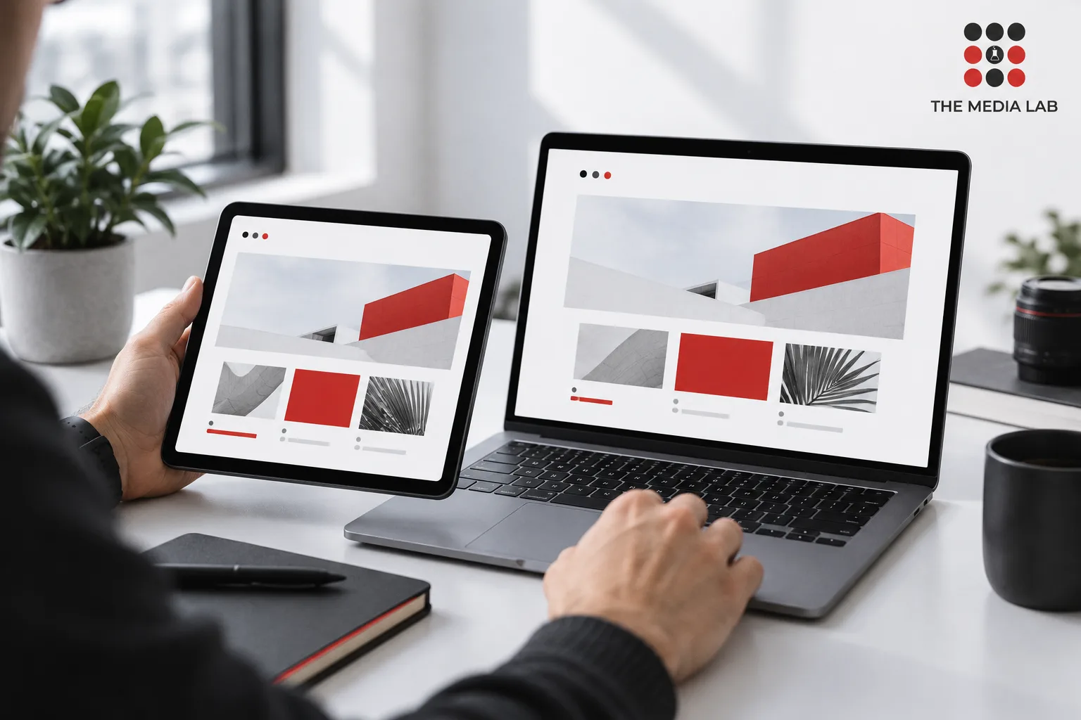 Designer comparing website layouts on a tablet and laptop — editorial illustration for The Media Lab.