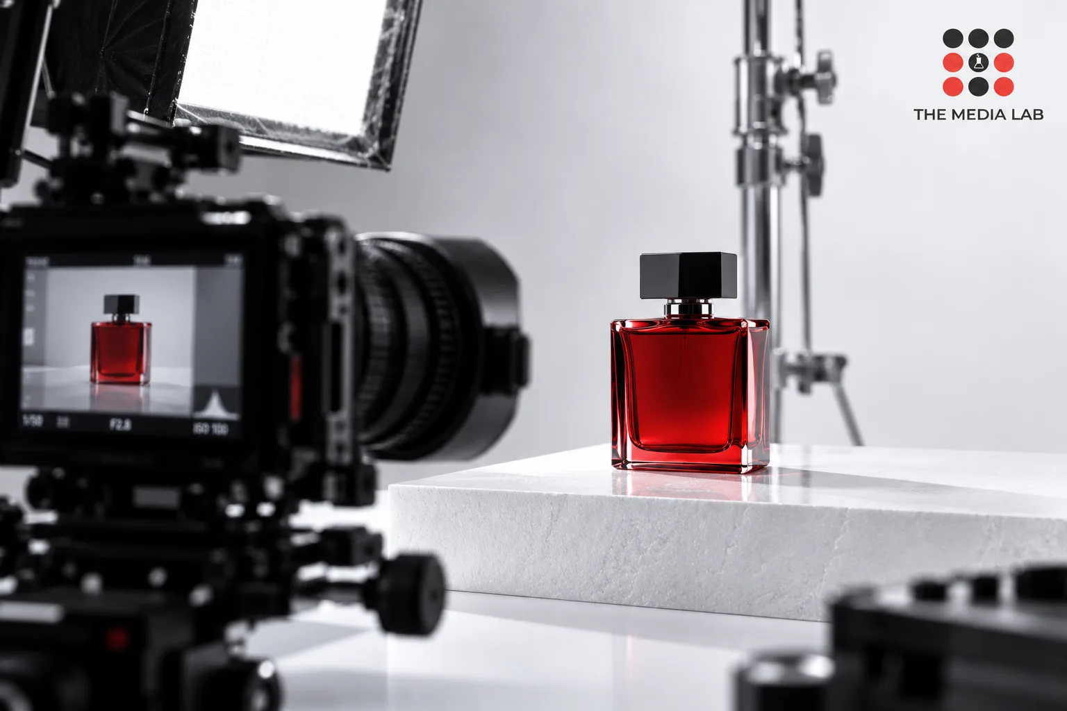 Camera filming a red fragrance bottle in a white studio — editorial illustration for The Media Lab.