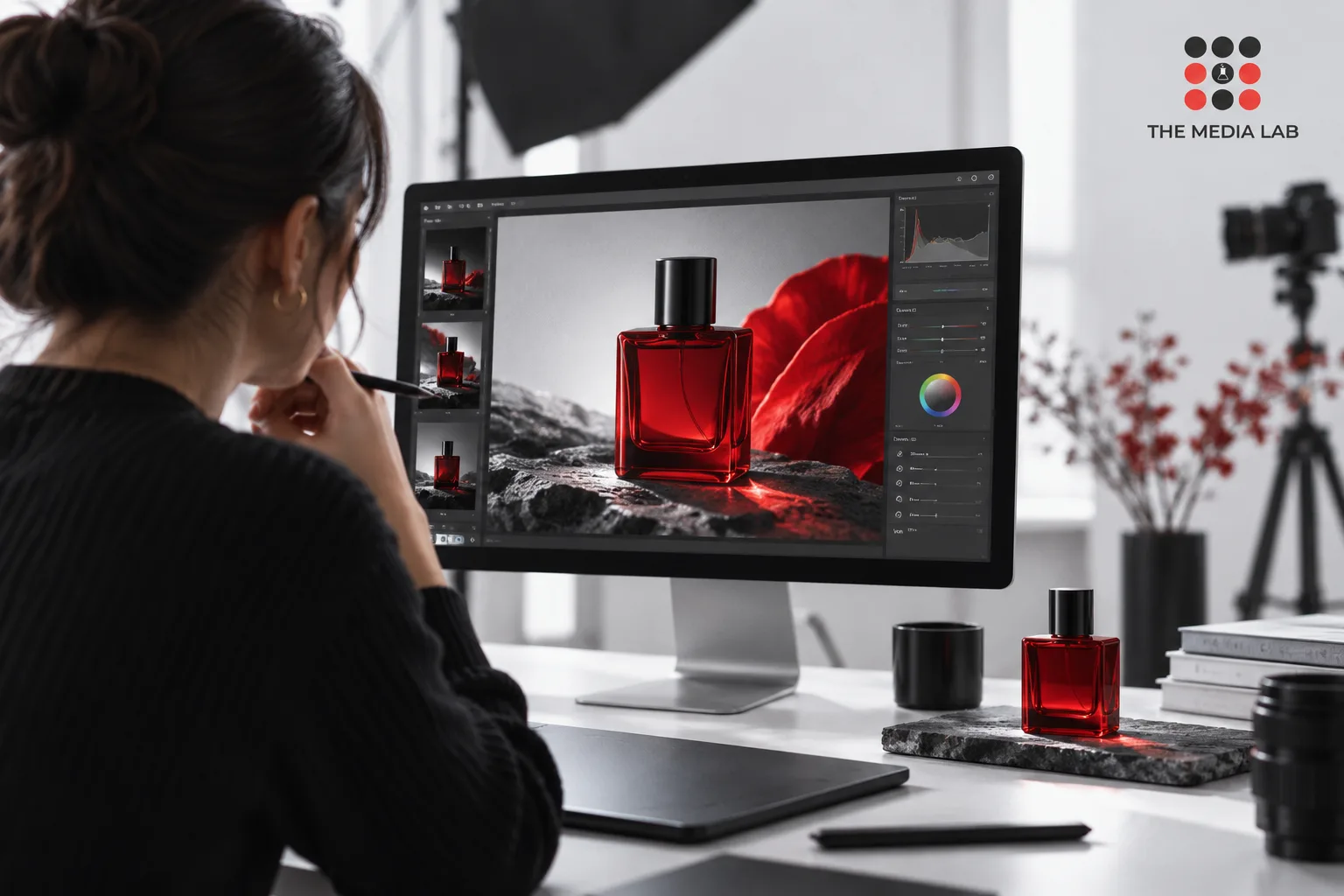 Creative reviewing a red product visual on a studio monitor — editorial illustration for The Media Lab.