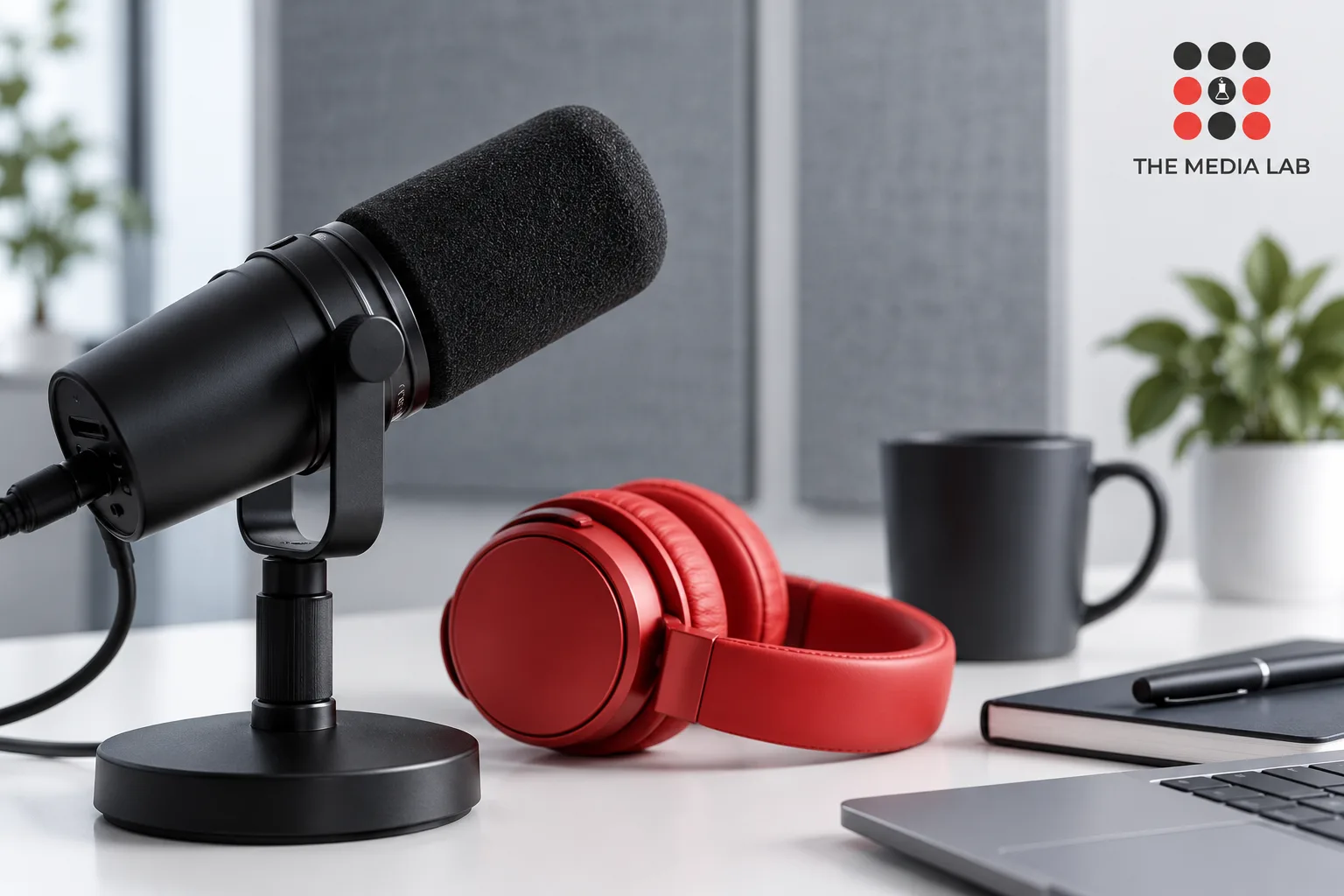 Podcast microphone and red headphones on a white desk — editorial illustration for The Media Lab.