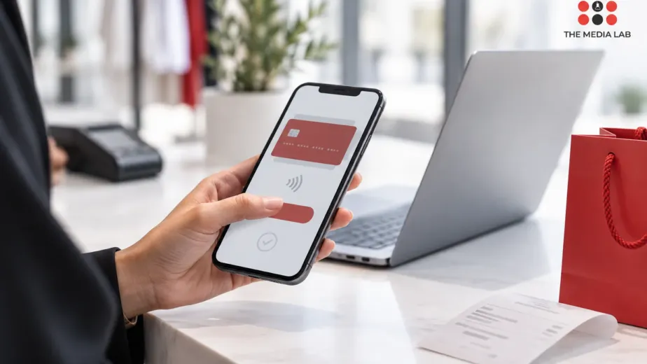 Phone showing an illustrative payment screen beside a laptop, created for The Media Lab’s UAE digital media guide.
