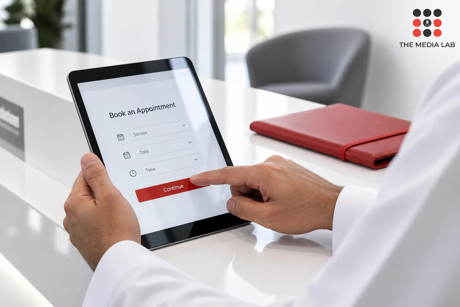 Person using a tablet appointment form, illustrated for The Media Lab’s UAE digital services guide