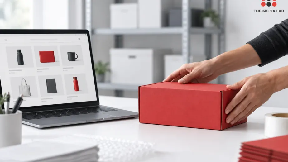 Hands packing a red product box beside an ecommerce website, illustrated for The Media Lab’s UAE website review
