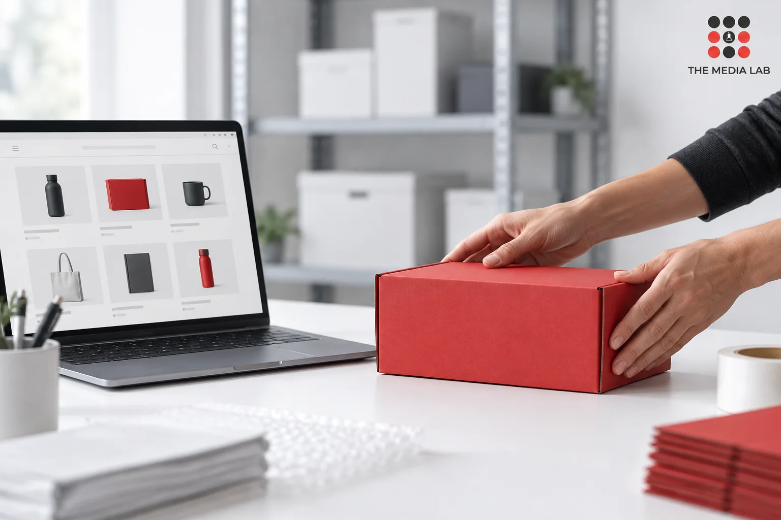Hands packing a red product box beside an ecommerce website, illustrated for The Media Lab’s UAE website review