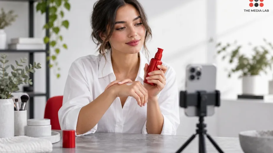 Creator filming a beauty product demonstration, illustrated for The Media Lab’s UAE Instagram influencer guide