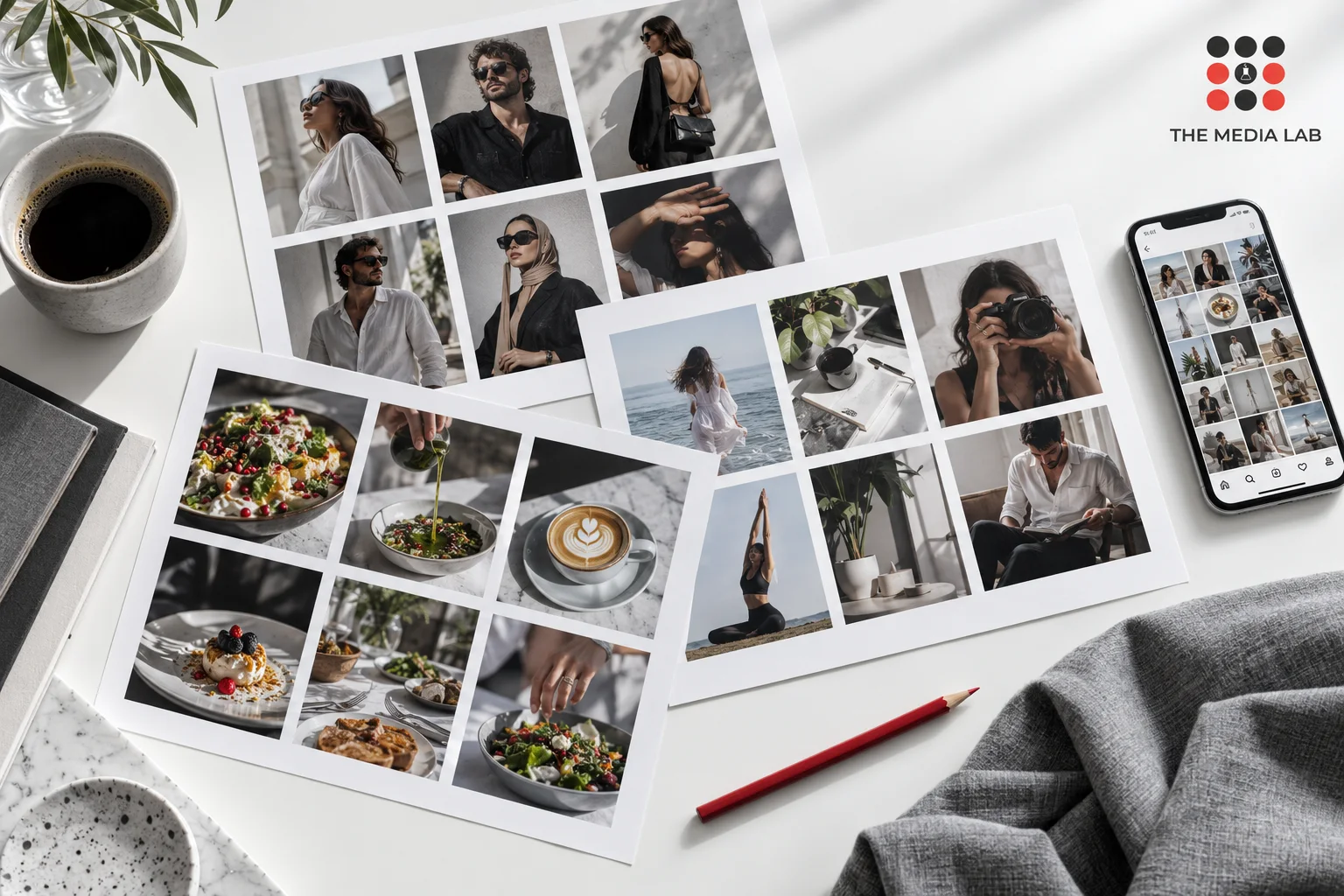 Creator contact sheets and a smartphone illustrating UAE Instagram influencer research for The Media Lab.