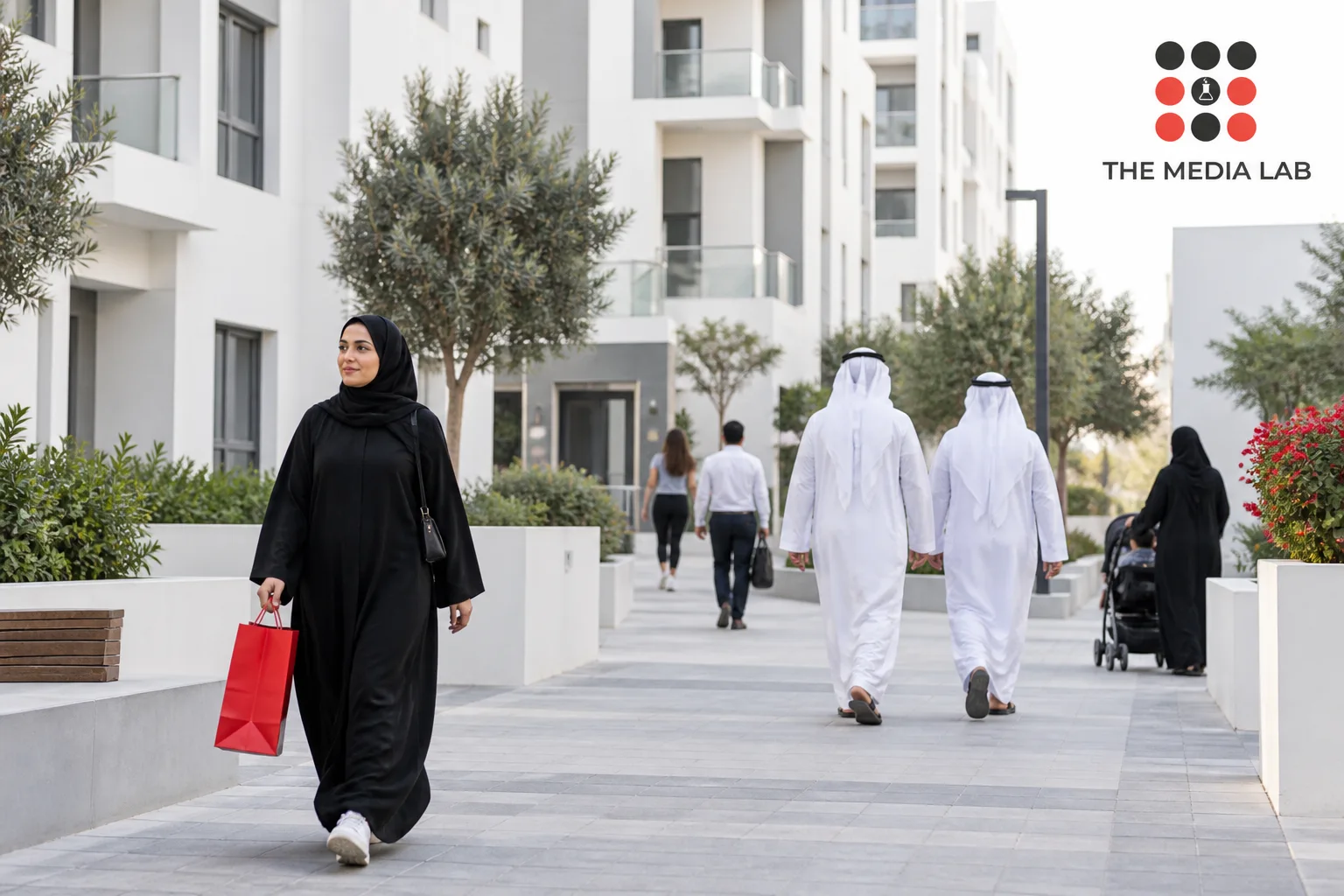 People walking through a UAE residential neighbourhood, an editorial concept for The Media Lab’s population guide.