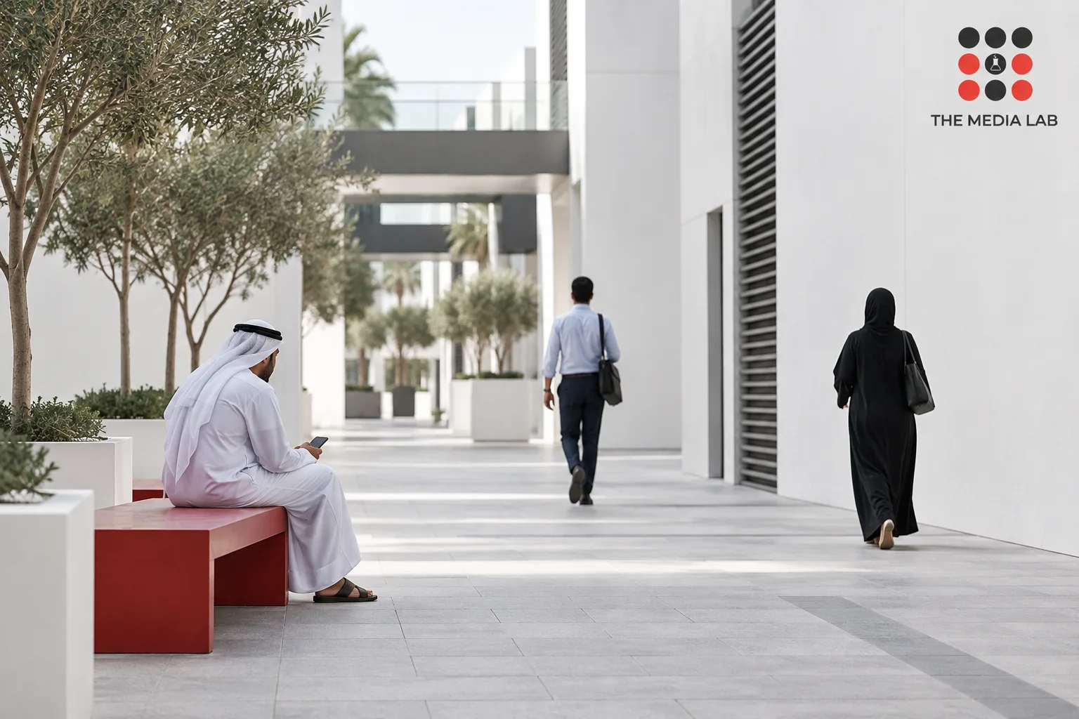 Residents in a modern UAE pedestrian passage, an editorial concept for The Media Lab’s population context guide.