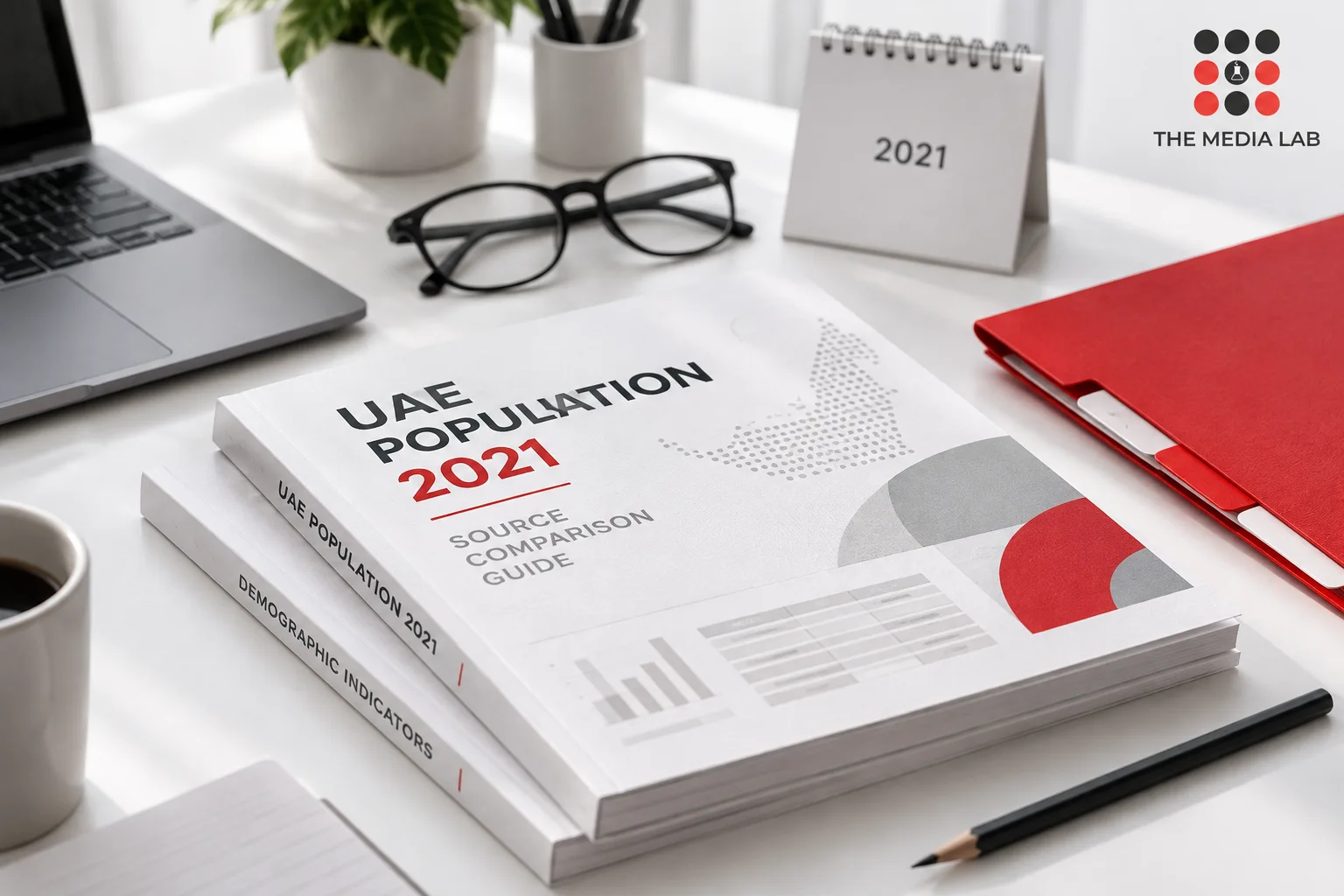 Illustrative research reports and a 2021 calendar for The Media Lab’s guide to UAE population sources.