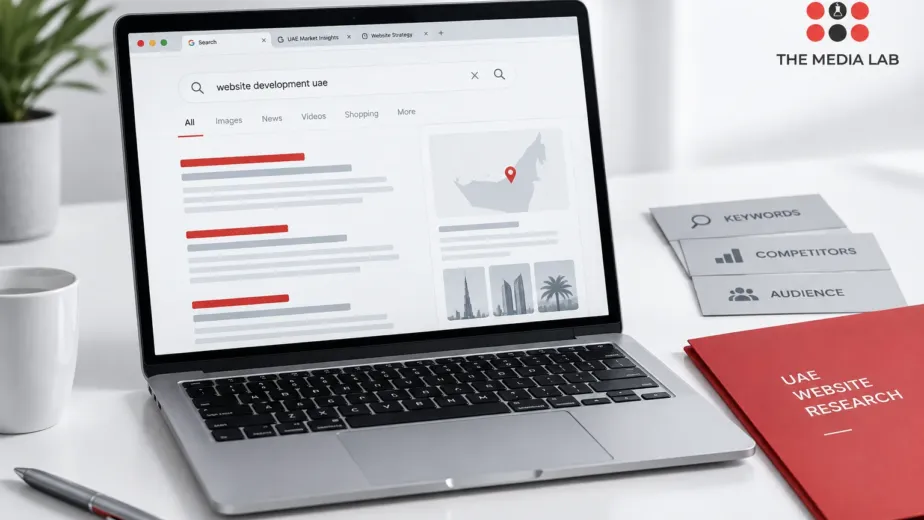 Laptop and website research cards in a white and red workspace, illustrated for The Media Lab’s UAE website guide
