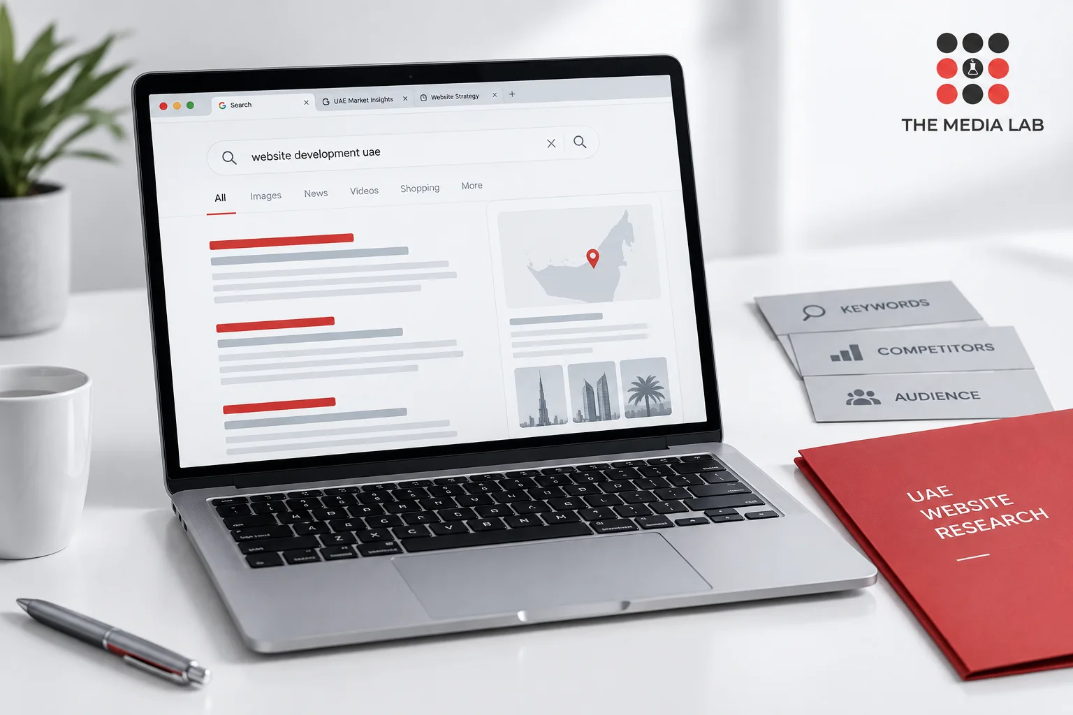 Laptop and website research cards in a white and red workspace, illustrated for The Media Lab’s UAE website guide