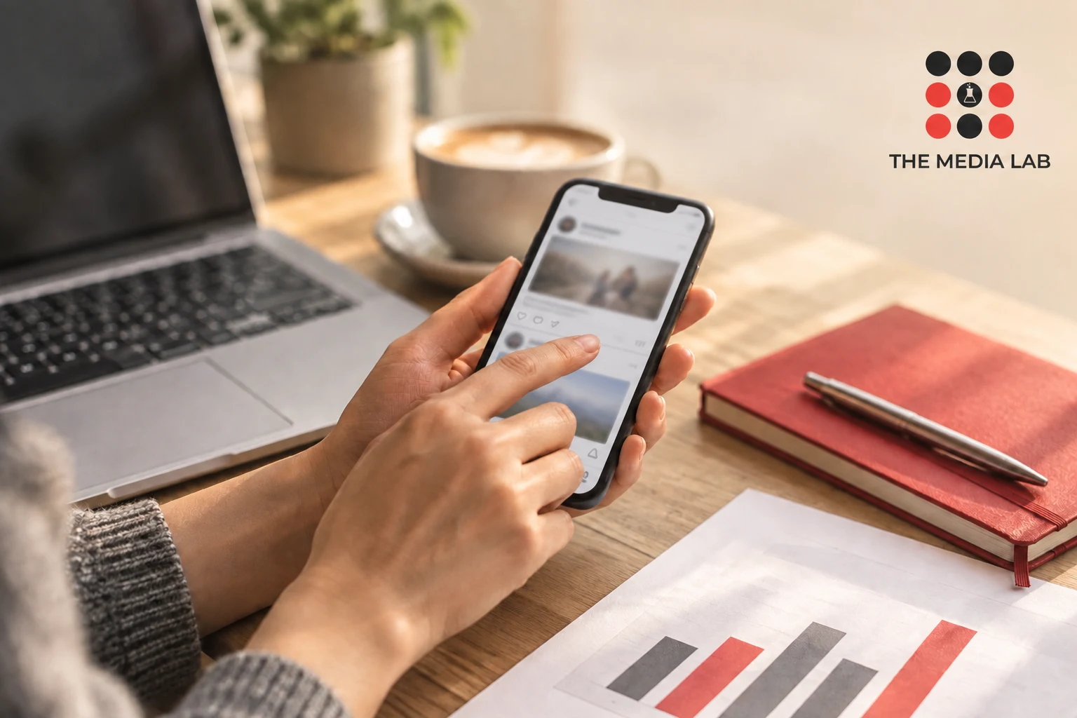 Smartphone and research notes illustrating The Media Lab’s historical guide to USA social media statistics in 2019.