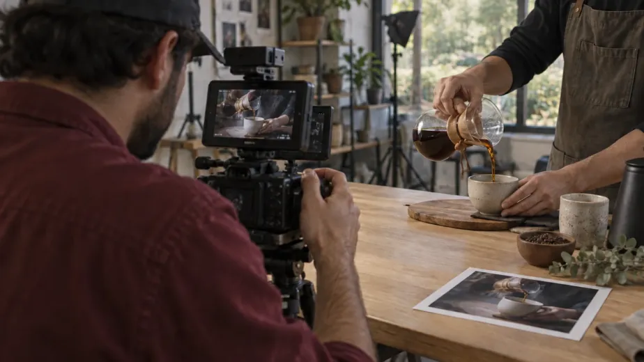 Camera operator filming coffee preparation beside a printed photograph, illustrating video production for The Media Lab.