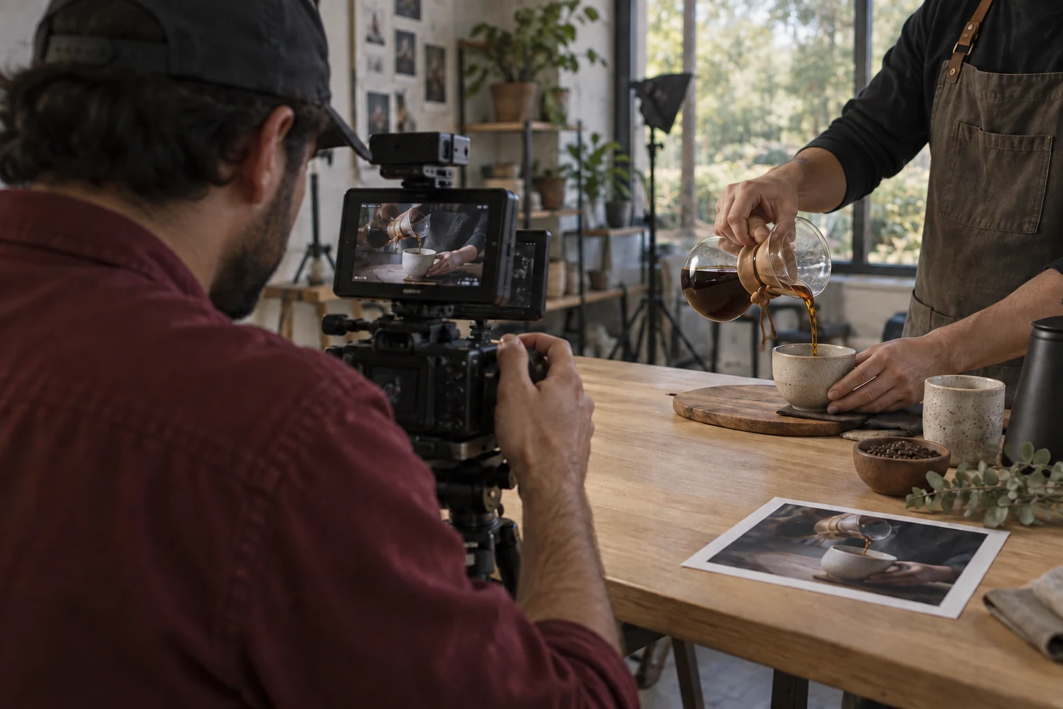 Camera operator filming coffee preparation beside a printed photograph, illustrating video production for The Media Lab.