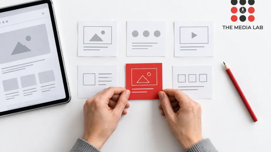 Hands arranging website wireframe cards beside a tablet for The Media Lab’s Dubai web design planning guide.