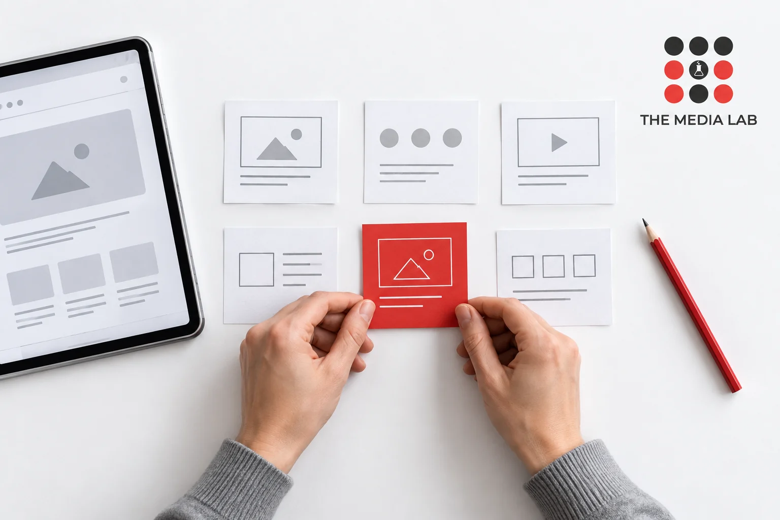 Hands arranging website wireframe cards beside a tablet for The Media Lab’s Dubai web design planning guide.