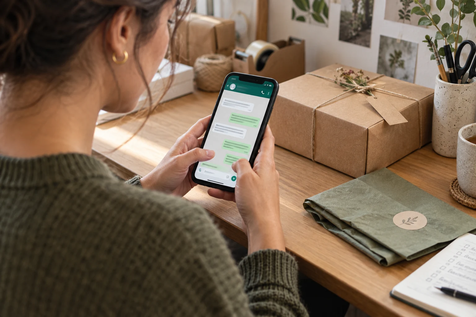 Shop owner responding to a customer on a smartphone beside a parcel, illustrating business messaging for The Media Lab.