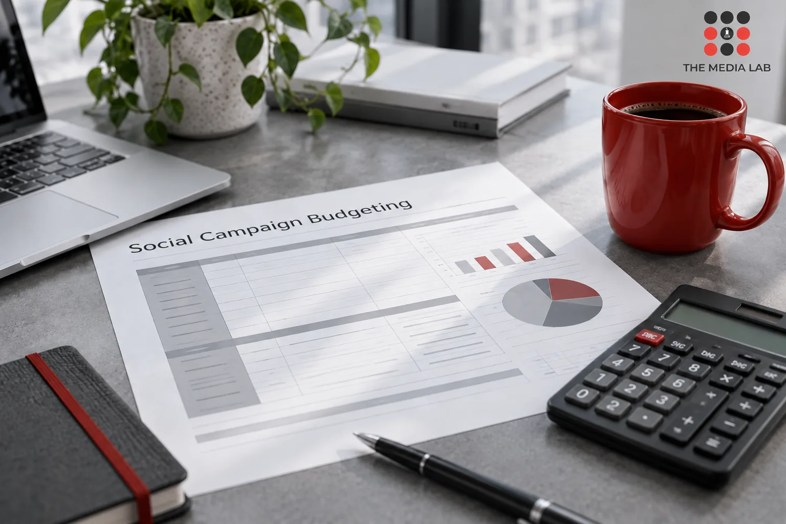 Social campaign budgeting worksheet and calculator beside a red mug on grey desk — The Media Lab