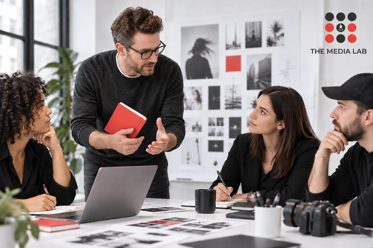 Business owner meeting a social content team with a concise brief and red notebook — The Media Lab
