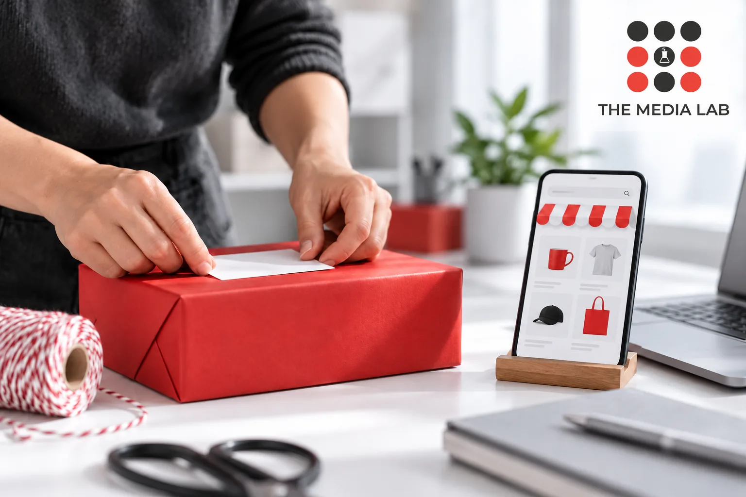 Seller preparing a red product parcel beside smartphone showing generic storefront — The Media Lab