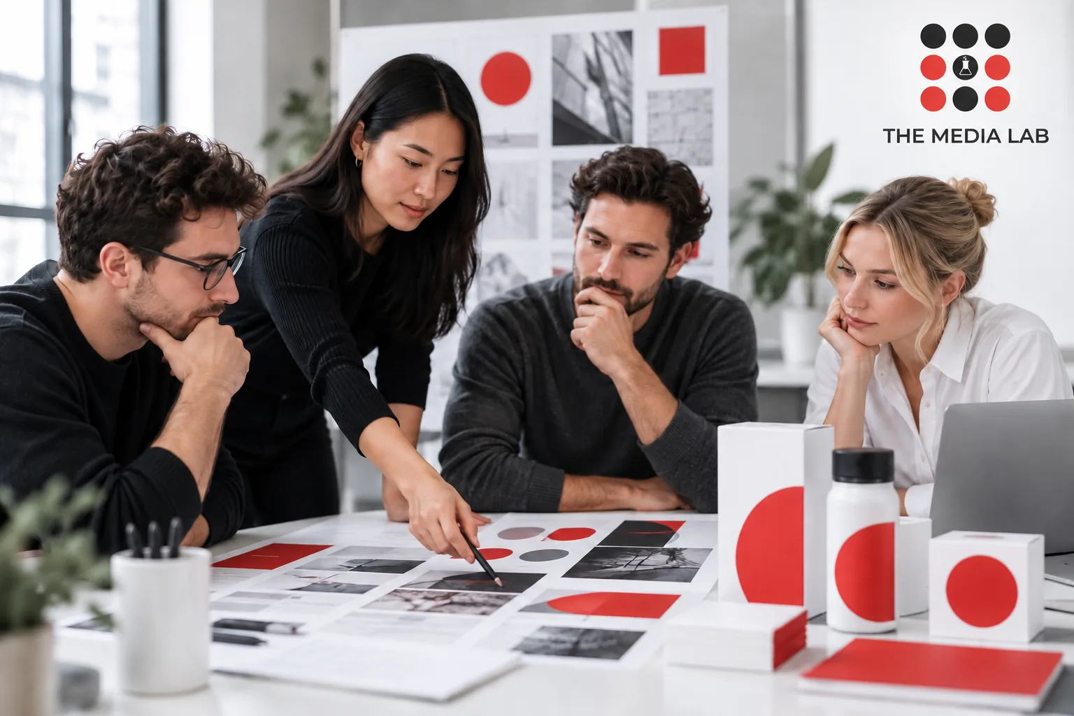 Brand team reviewing a red white visual style board and product packaging — The Media Lab