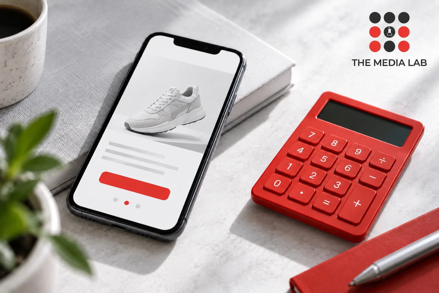 Phone showing a generic product advertisement beside a red calculator — The Media Lab