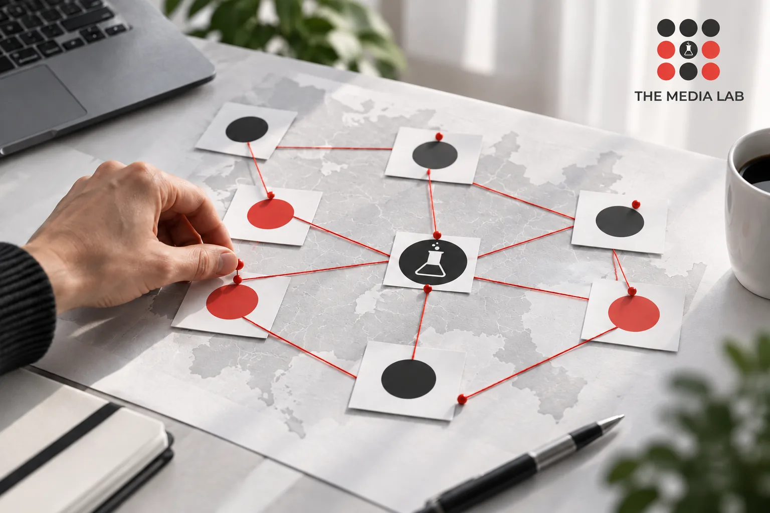 Regional website planning map as abstract unlabelled cards across a desk, red connecting thread — The Media Lab
