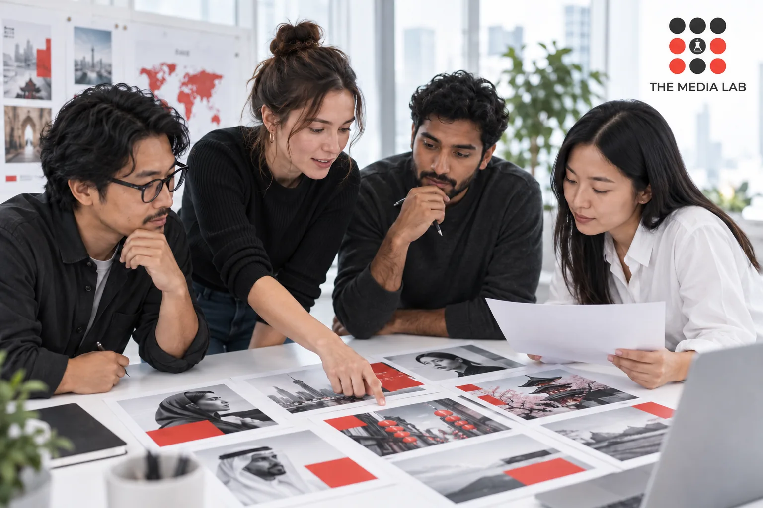 Regional campaign team reviewing multilingual visual layouts on white table — The Media Lab