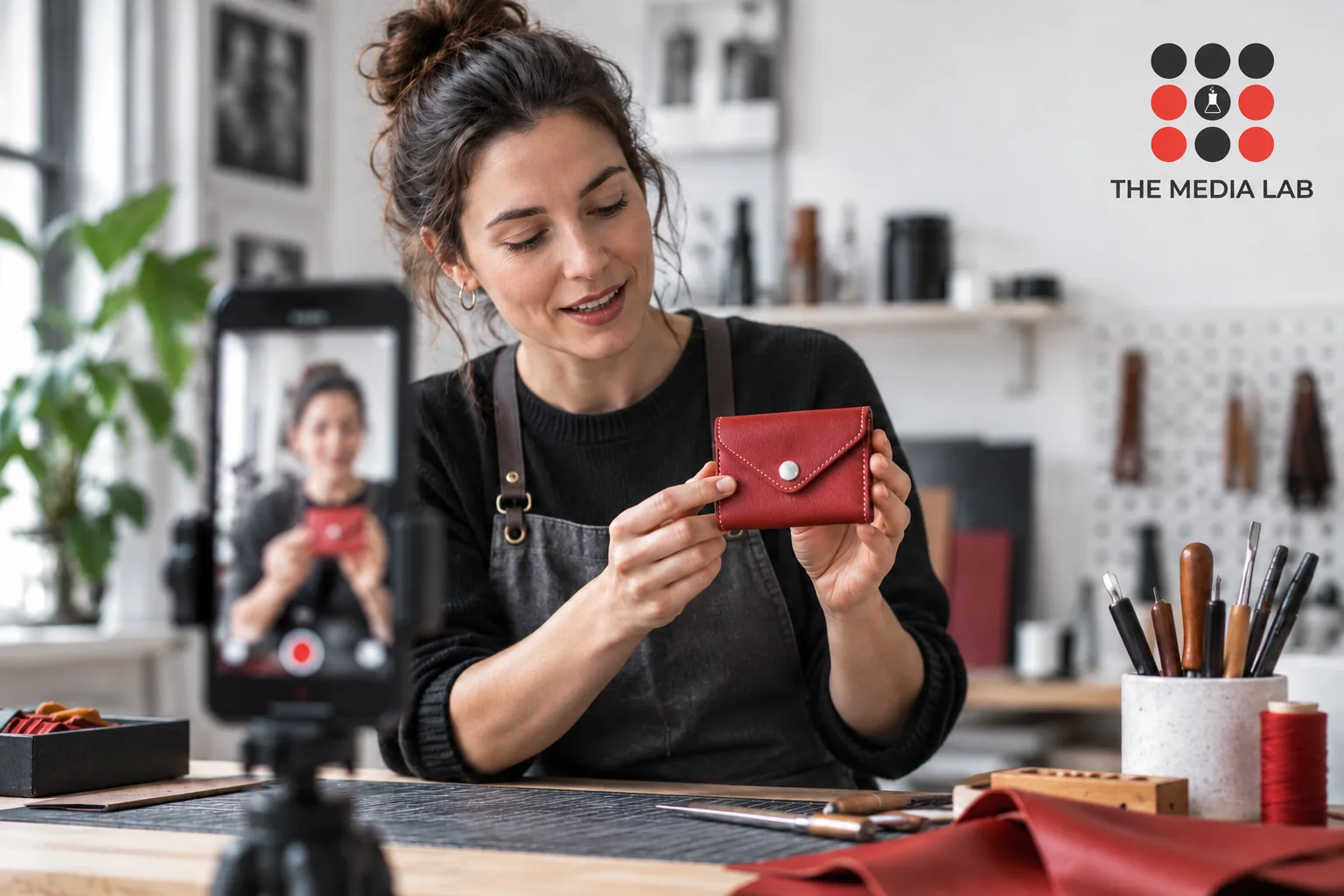 Vertical phone recording an artisan showing a red accessory at a shop workbench — The Media Lab
