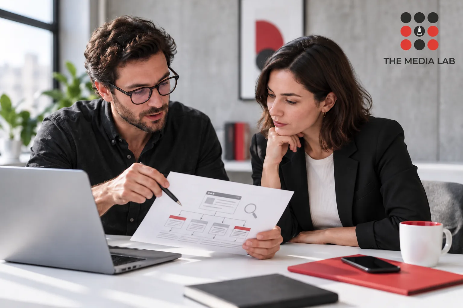 Consultant reviewing a technical SEO proposal with a business owner — The Media Lab