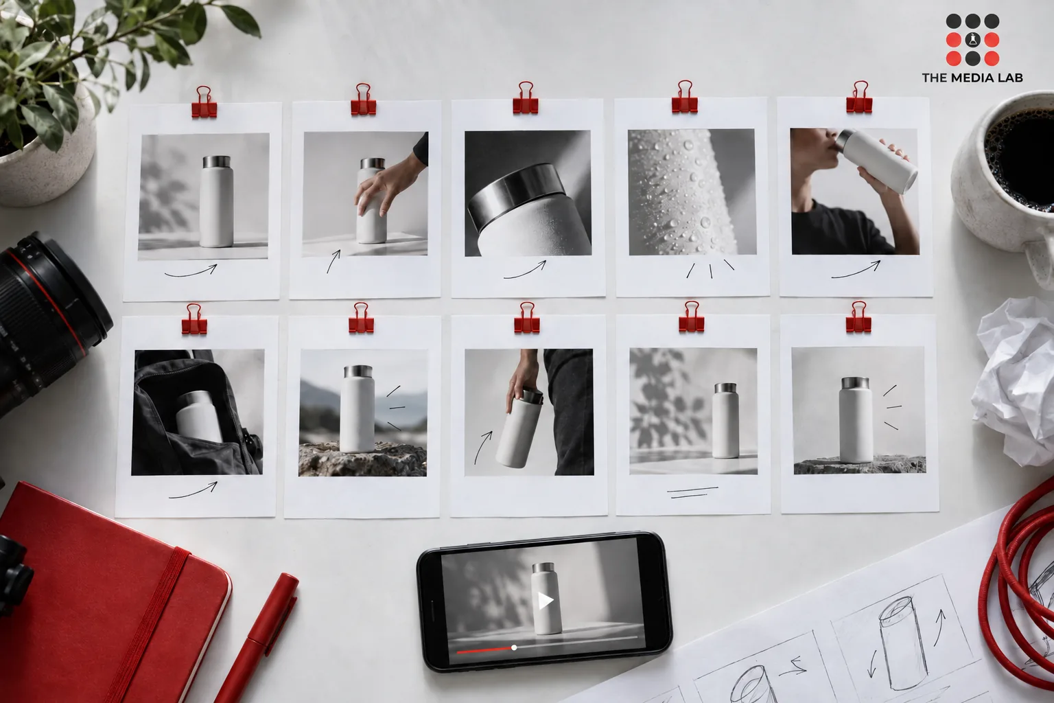 Overhead storyboard of ten small product video scenes on white paper with red clips and a phone — The Media Lab