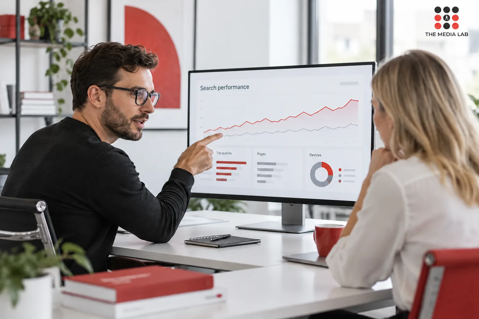 Consultant discussing a search performance report — The Media Lab concept image.